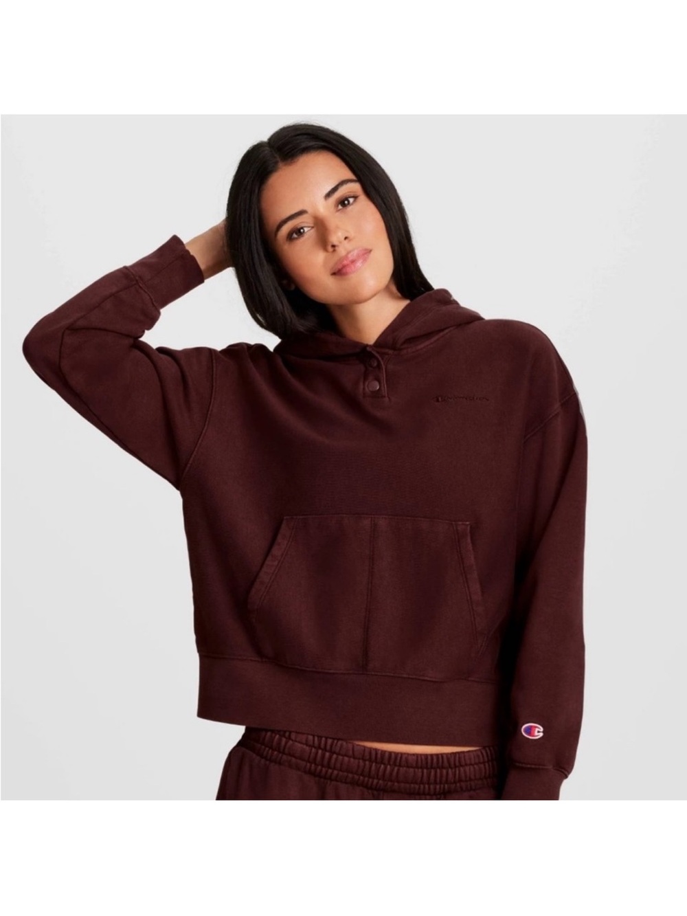Champion Women's Burgundy Hooded Crop Sweatshirt